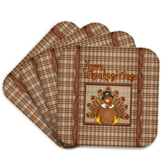 3dRose Beverly Turner Thanksgiving Design - Happy Thanksgiving, Cute Turkey Wearing Collar and Pilgrim Hat, Plaid - Coasters