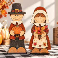 Thanksgiving Pilgrim Couple Wooden Tabletop Decoration Set of 2 – Handcrafted Fall Harvest Décor by G. Debrekht - 862111-OP-S2