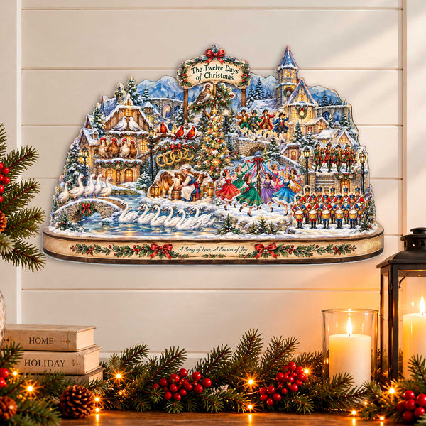 Twelve Days of Christmas Village Wooden Door Hanger – Holiday Wall Art by G. Debrekht - 8652911H