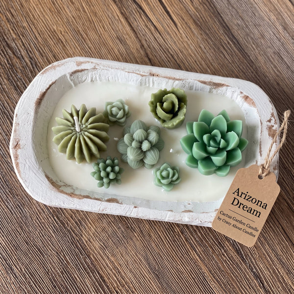 Arizona Dream Cactus Garden Candle — Sculptural Soy Wax in Carved Wood Bowl