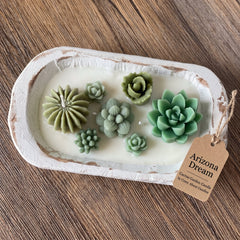 Arizona Dream Cactus Garden Candle — Sculptural Soy Wax in Carved Wood Bowl