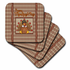 3dRose Beverly Turner Thanksgiving Design - Happy Thanksgiving, Cute Turkey Wearing Collar and Pilgrim Hat, Plaid - Coasters