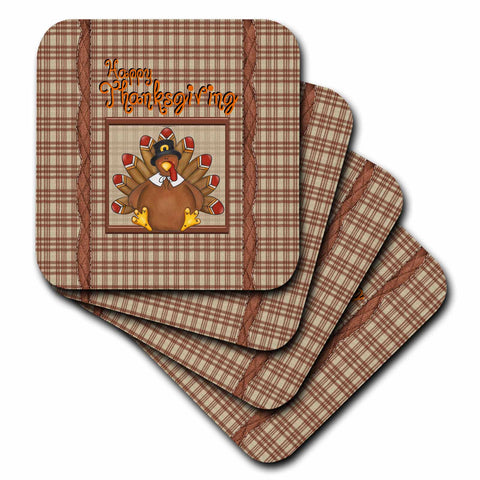 3dRose Beverly Turner Thanksgiving Design - Happy Thanksgiving, Cute Turkey Wearing Collar and Pilgrim Hat, Plaid - Coasters