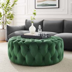Amour Tufted Button Large Round Performance Velvet Ottoman by Modway - Emerald