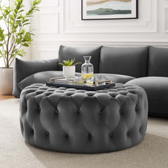 Amour Tufted Button Large Round Performance Velvet Ottoman by Modway - Gray