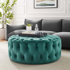 Amour Tufted Button Large Round Performance Velvet Ottoman by Modway - Teal
