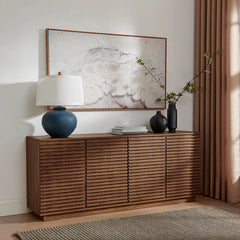 Modern Walnut Fluted 4-Door Sideboard Cabinet & TV Stand