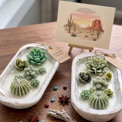 Arizona Dream Cactus Garden Candle — Sculptural Soy Wax in Carved Wood Bowl