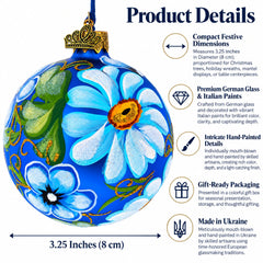 Daisy Flowers on Blue Glass Ball Christmas Ornament 3.25 Inches