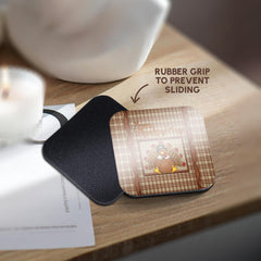 3dRose Beverly Turner Thanksgiving Design - Happy Thanksgiving, Cute Turkey Wearing Collar and Pilgrim Hat, Plaid - Coasters