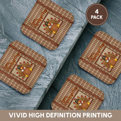 3dRose Beverly Turner Thanksgiving Design - Happy Thanksgiving, Cute Turkey Wearing Collar and Pilgrim Hat, Plaid - Coasters